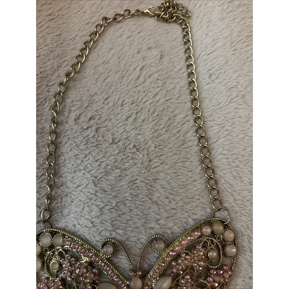 Pink Rhinestone Butterfly Statement Necklace Boho - Picture 3 of 7